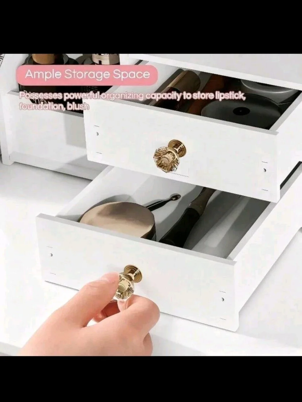 White Wooden Makeup Organizer with Mirror - Compact Vanity Storage